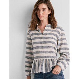 Lucky Brand Blouse M Blue Long Sleeve Stripe Peplum Top NEW